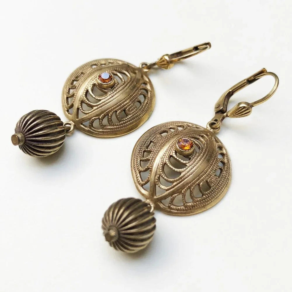 Gold filigree earrings dangle, fancy golden circle earrings